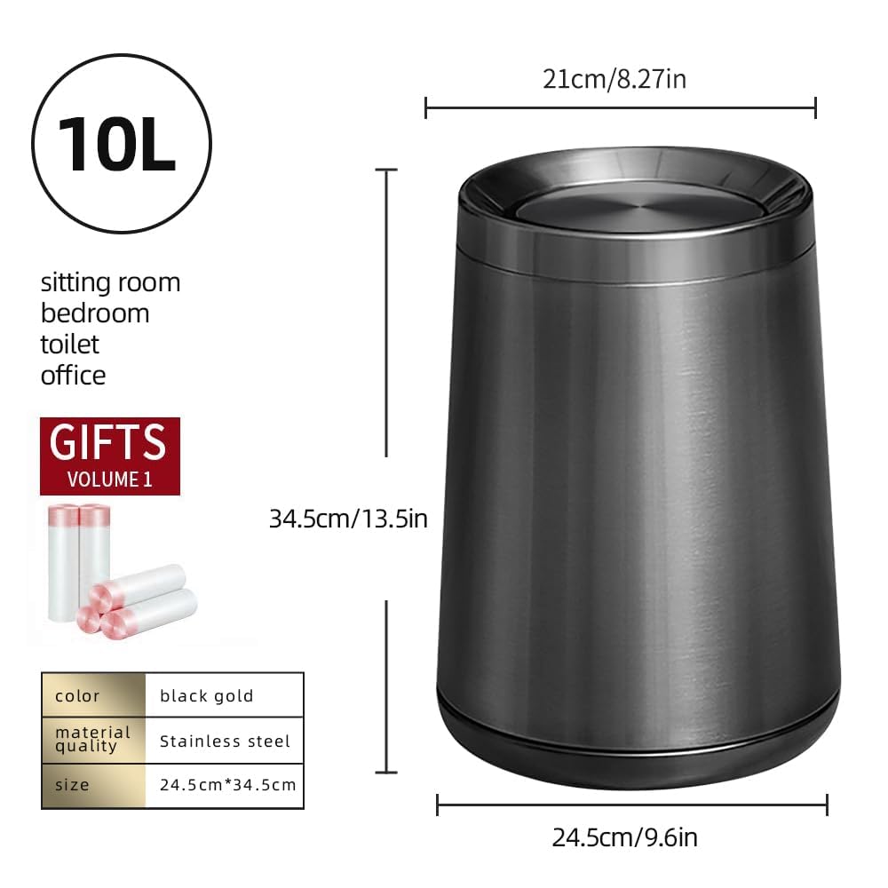 10 L/2.6Gallen,Swing Lid Trash Can,Brushed Stainless Steel Garbage Can with Flipping Lid,for