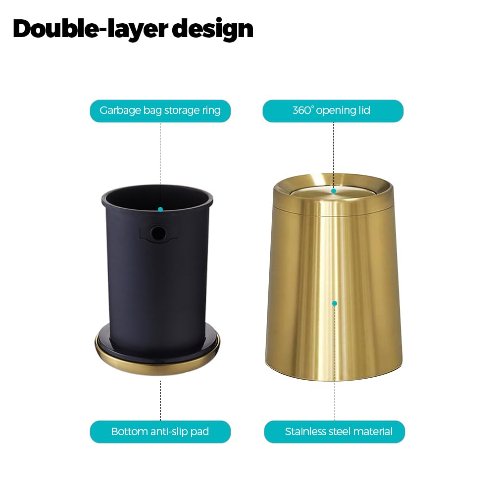 8L / 2.1Gal Gold Brushed Stainless Steel Trash Can with Swing Cover,Gold Bathroom Trash can