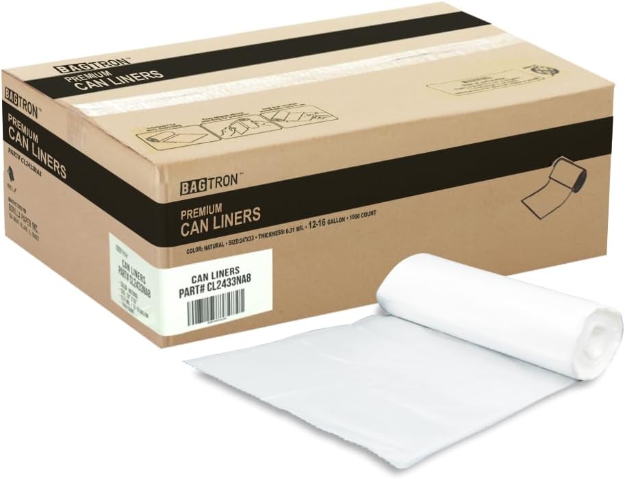 12-16 Gallon Trash Bags, 8 Micron High Density Garbage Can Liners Bulk, 24" x 33", Natural Clear