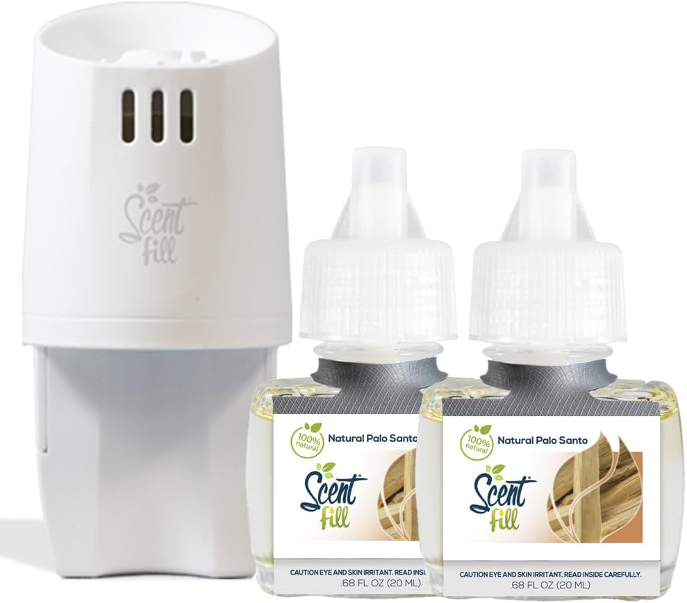 Scent Fill 100% Natural Palo Santo Plug in Air Freshener, Scented Oil Refills, 2 Refills + Diffuser