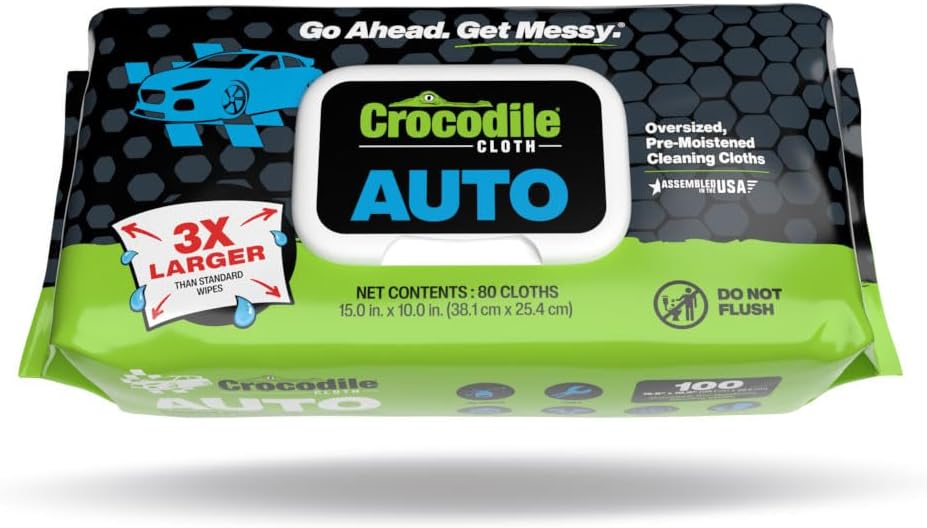 Crocodile Cloth Auto Cleaning Wipes – 100 XL (15" x 10") Disposable Wipes for Car Engine