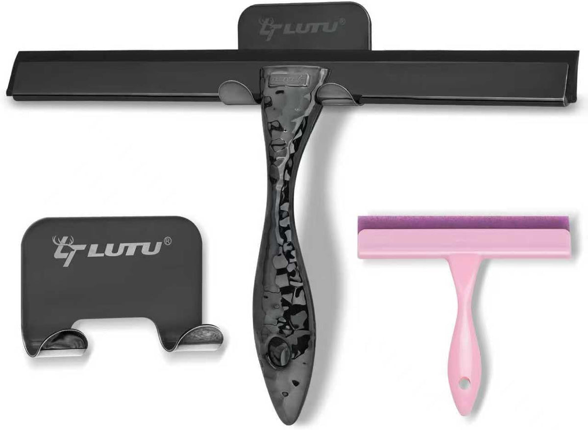 All-Purpose Silicone Shower Squeegee for Shower Glass Door,with 2 Hooks & Pink Mini Squeegee,for