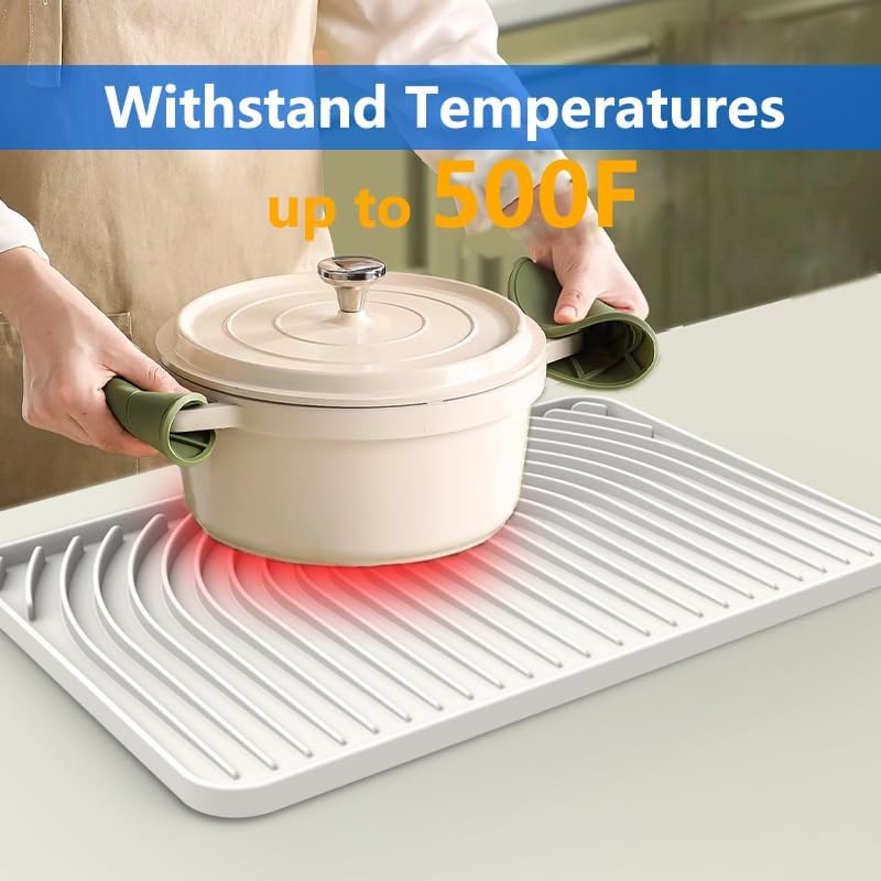 Dish Drying Matt for Kitchen Counter,18"×12"Silicone Dry Rack Mat with Built in Drain, Kitchen Dry