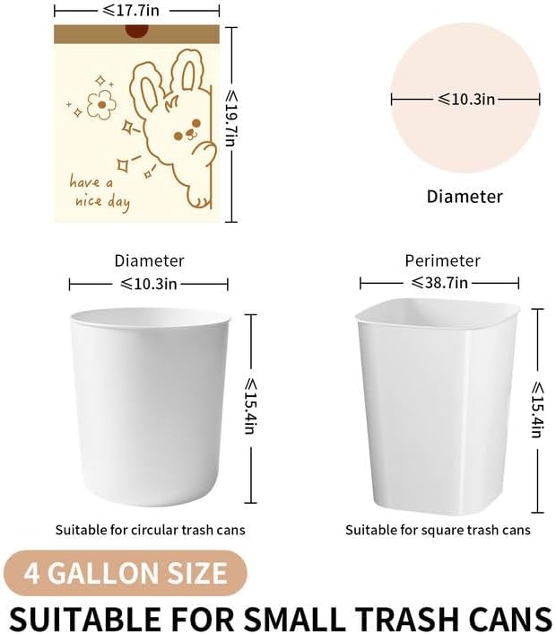 4 Gallon Trash Bags with Cute Rabbit Printed & Drawstring, Tear-Resistant Small Bathroom Garbage