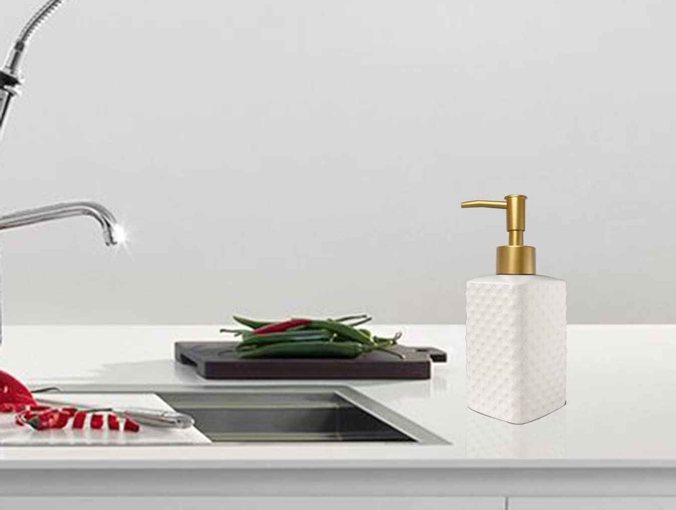Chic Unique White Soap Dispenser for Bathroom with Golden Pump,Lotion Dispenser, Refillable