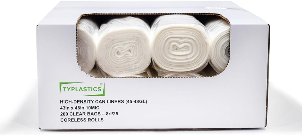 TYPLASTICS 45-48 Gallon Clear Trash Can Liners - 43" x 48" - High Density Garbage Bags - 200 Pack