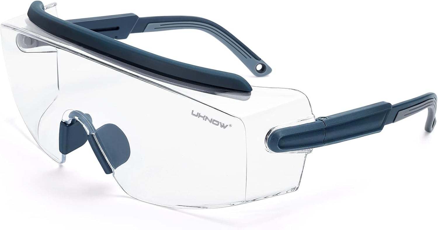 UKNOW Safety Goggles Over Glasses, Safety Glasses Anti Fog Wraparound Eye Protection, Protective