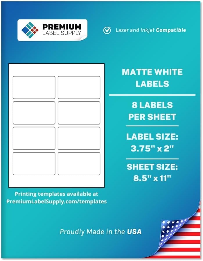 Premium Label Supply White Sticker Mailing Labels – 3.75" x 2" – Laser/Inkjet Compatible – (8 per