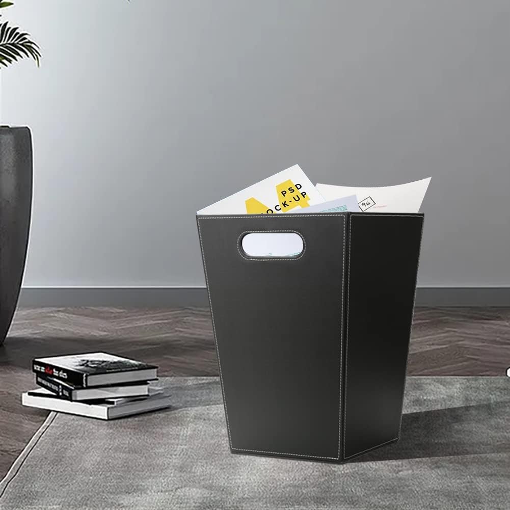 KINGFOM Classic Pu Leather Trash Can Wastebasket, Garbage Container Bin with Handles for Bathrooms