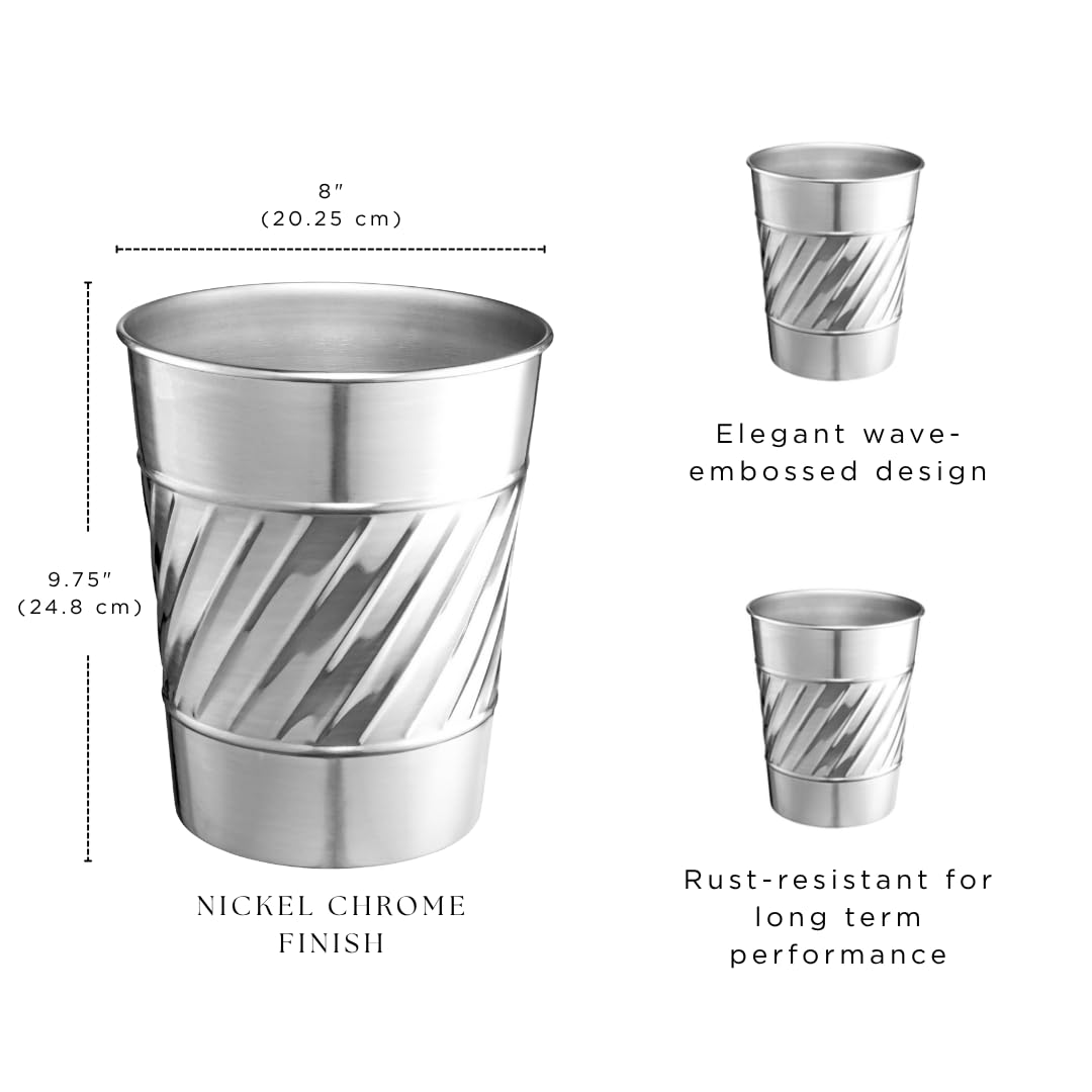 Monarch Abode Nickel Chrome Handcrafted Wave Embossed Metal Wastebasket for Home Office, Decorative