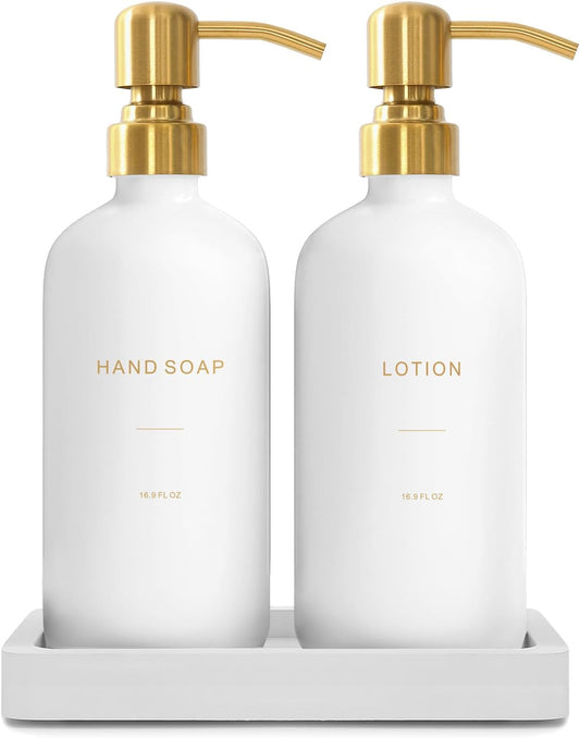 Gold Soap Dispenser Bathroom Set, Hand and Lotion Dispenser with Stainless Steel Pump, Perfect for