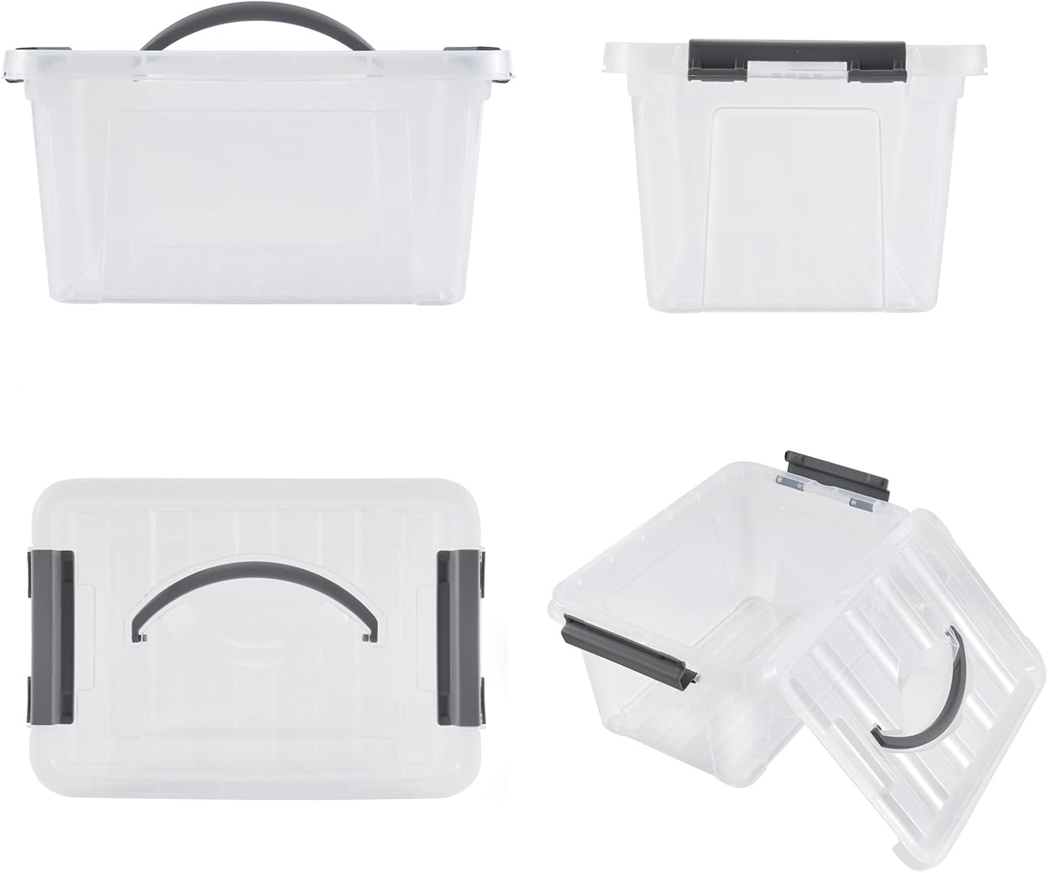 6 Quart Plastic Stackable Storage Latch Bins,Clear Latching Box with Handle and Lid,Pack of 6 (Grey