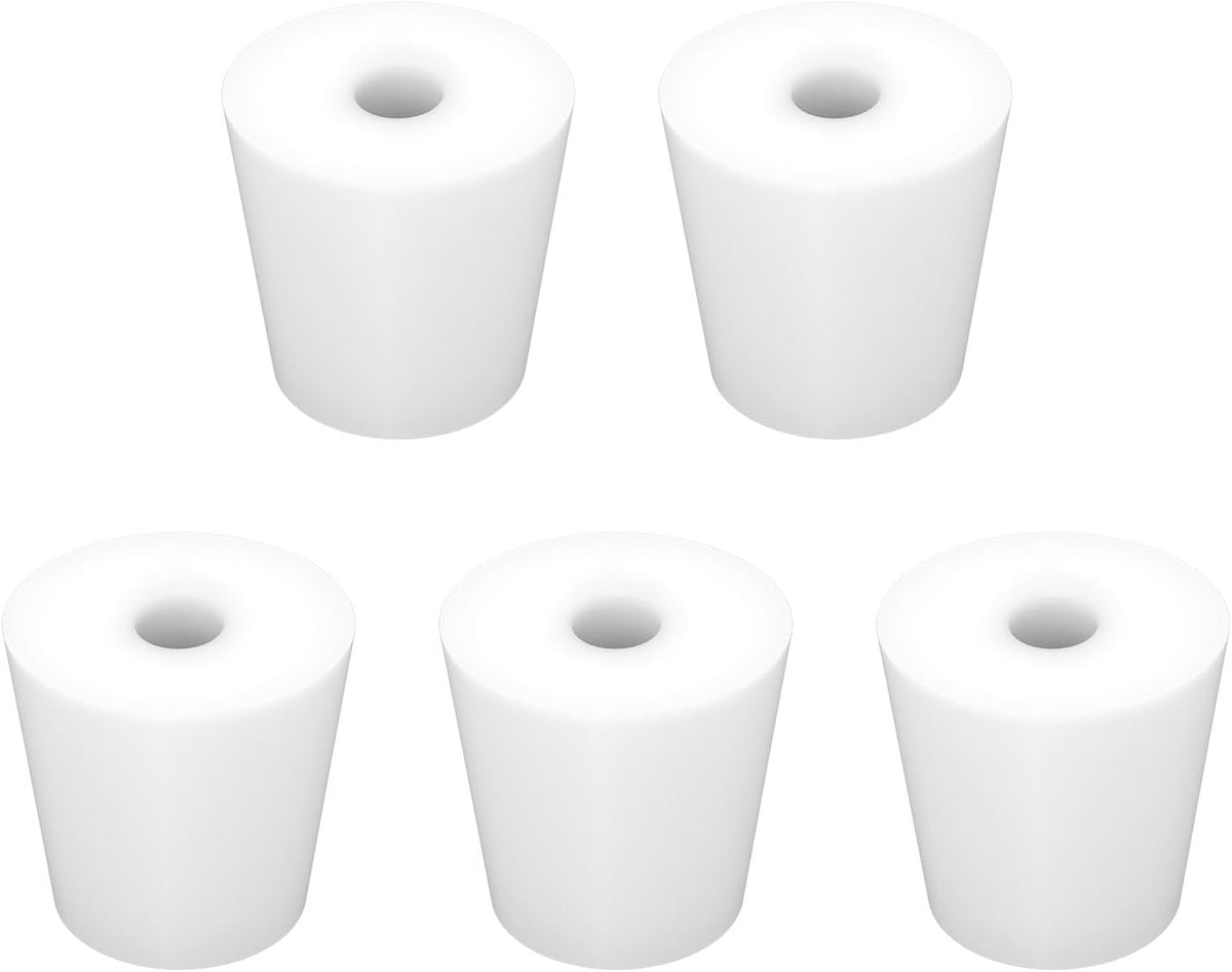 Labasics 5-Pack 5# Single-Hole Silicone Stoppers, White Tapered Lab Seal Stoppers with 0.31" Hole