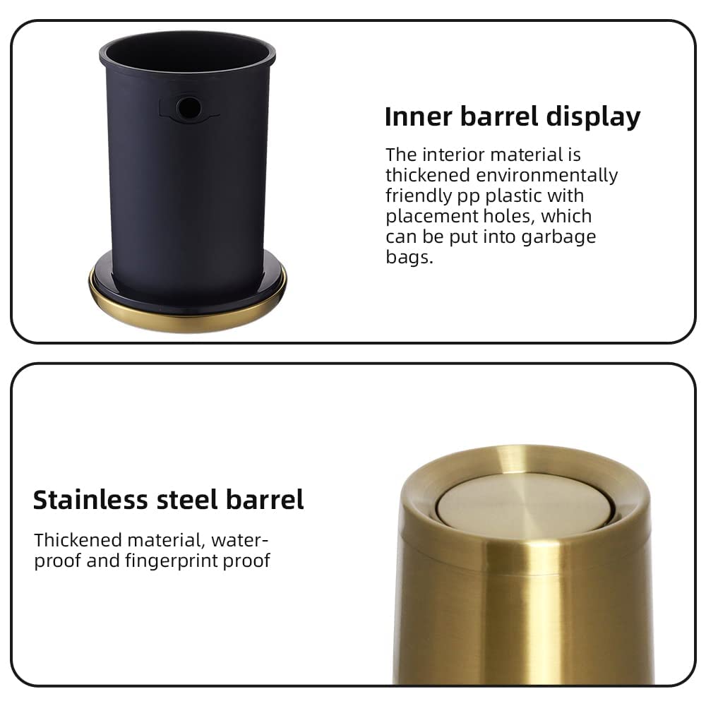 10 L/3 Gallen,Gold Small Trash Can for Bathroom,Brushed Stainless Steel Garbage Can with Flipping