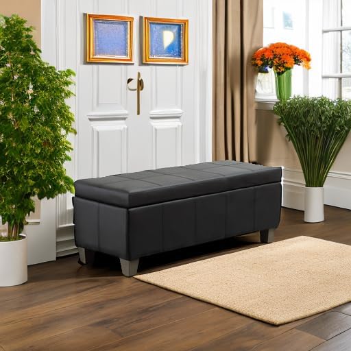 Black Faux Leather Ottoman with Storage, Rectangular Extra Long Storage Bench for Bedroom and