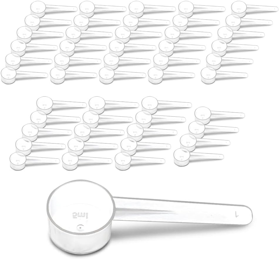 50 Measuring Spoons Set with Short Handle - 1 Teaspoon (5 ML) Clear Plastic Scoops for Creatine