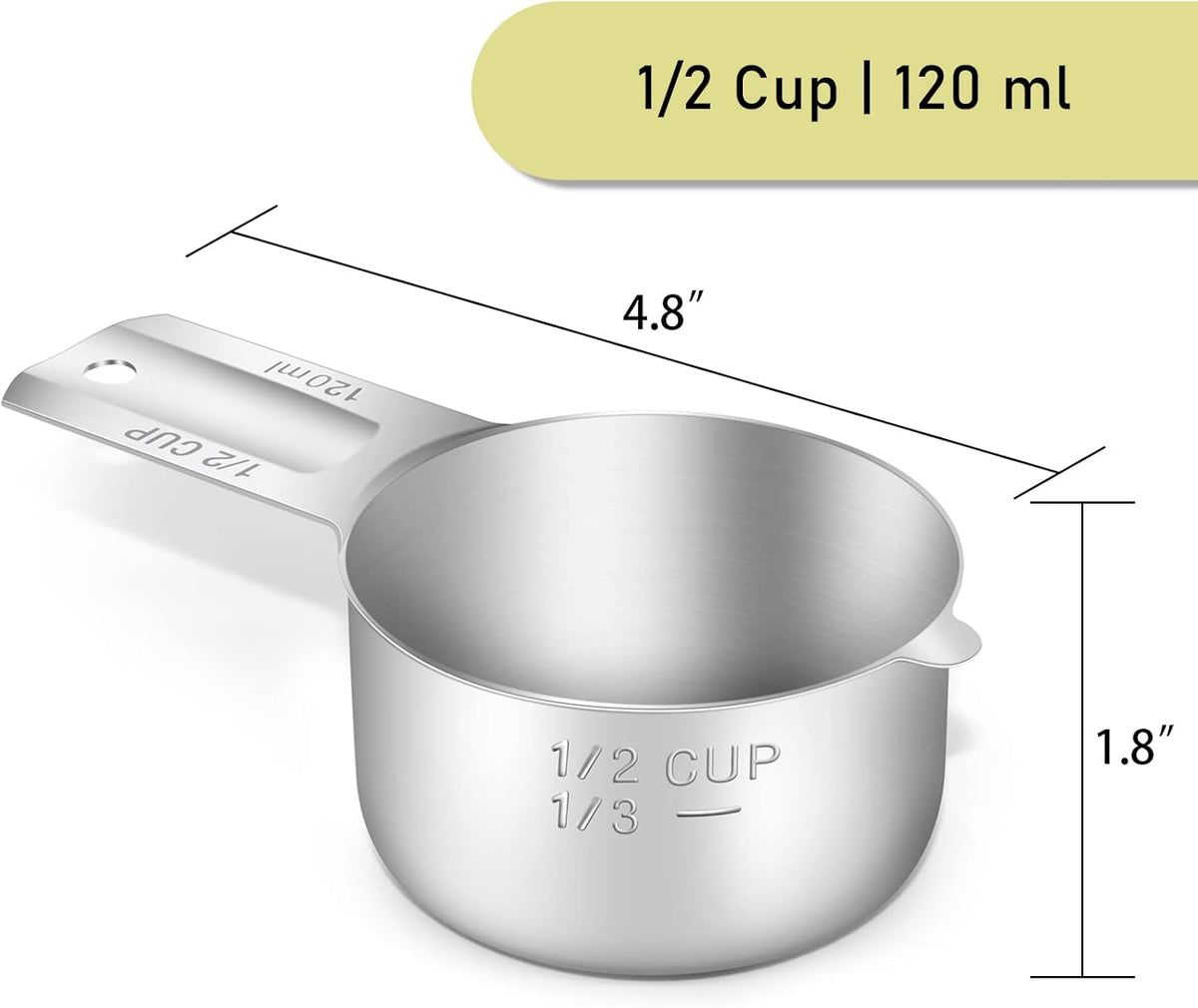4PCS 1/2Cup (120ml, 4oz) Single Measuring Cup, Stainless Steel Measure Scoop, Metric and US