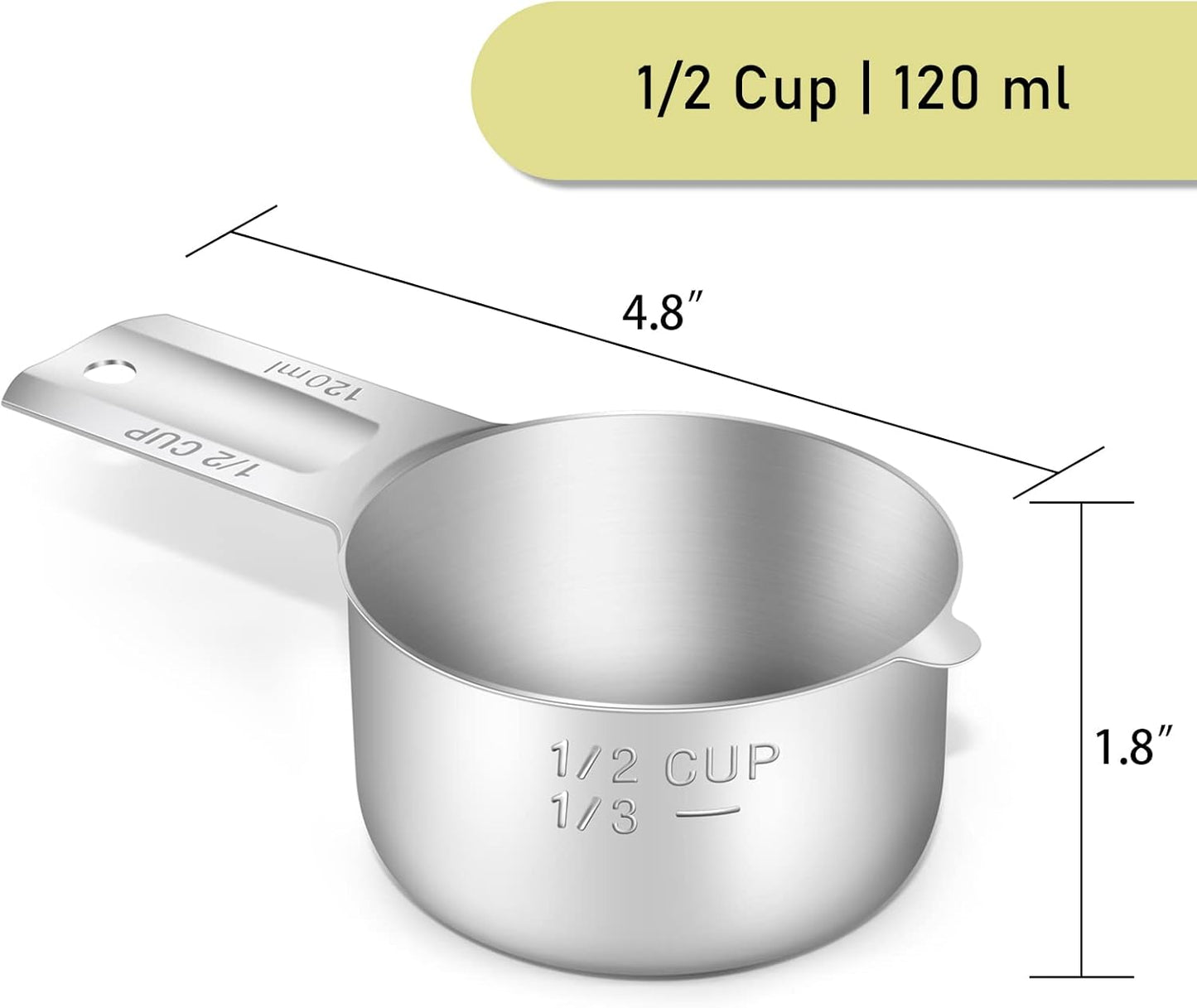 1PCS 1/2Cup (120ml, 4oz) Single Measuring Cup, Stainless Steel Measure Scoop, Metric and US
