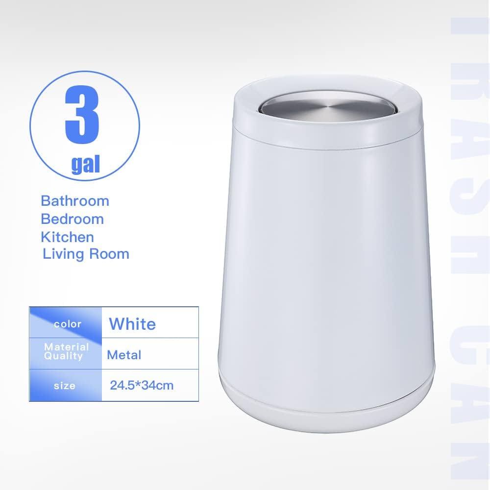 Household Swing White Bathroom Trash Can，Brushed Stainless Steel，10 L/3 Gallen，Garbage Can with