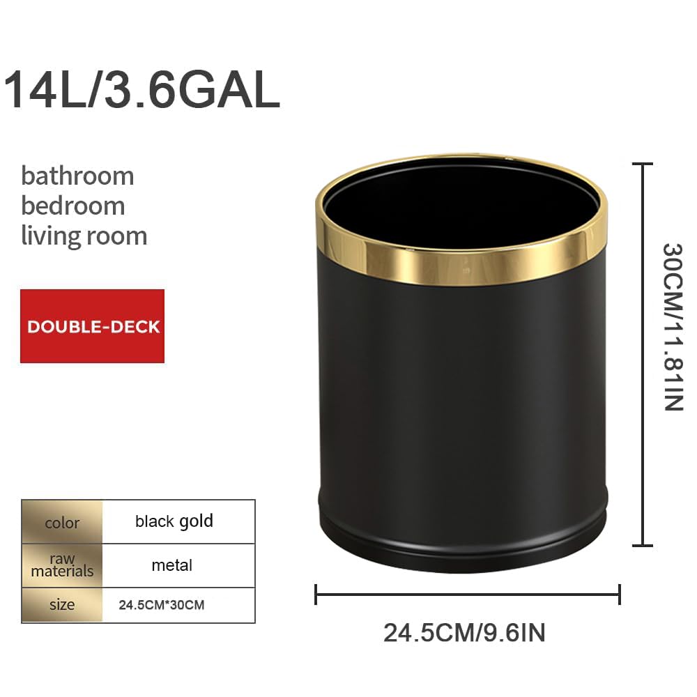 14L/3.7GAL Black and Gold Open Top Trash Can - Metal Office Wastebasket Without Lid for Office