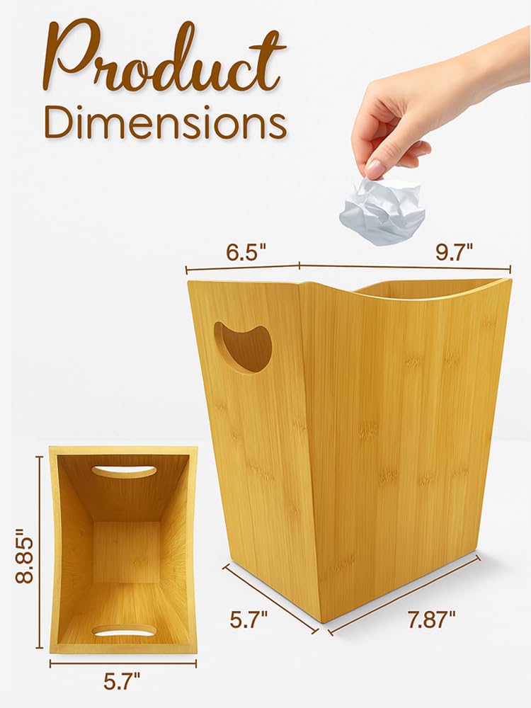 Wood Trash Can - Bedroom Trash Can Decorative with Handles - Bamboo Small Wastebaskets for Bathroom