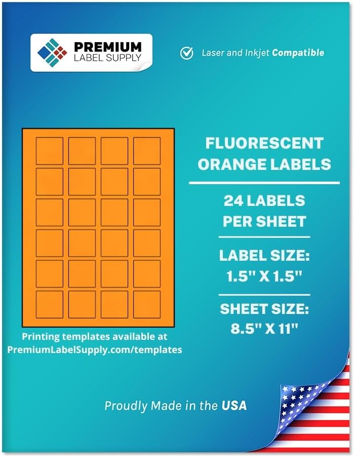 Premium Label Supply Bright Neon Color Fluorescent Sticker Labels - 1.5" x 1.5" Square Labels