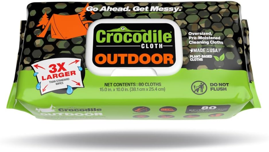 Crocodile Cloth Outdoor Cleaning Wipes – 80 Count Plant-Based Cloths (15"x10"), Skin Safe