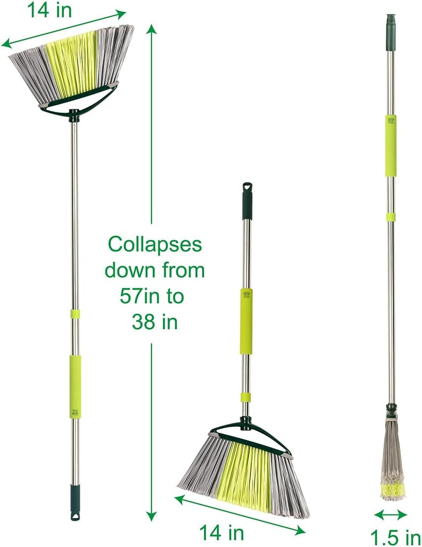 Pine-Sol Indoor Jumbo Broom with Long, Stainless Steel Collapsible Handle for Easy Storage, Heavy