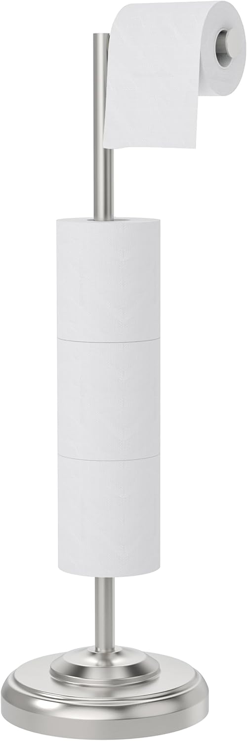 Toilet Paper Holder Stand with Storage – 4 Extra Rolls –Brushed Nickel Toilet Paper Holder for