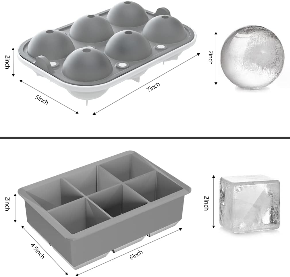 ROTTAY Ice Cube Trays (Set of 2), Sphere Ice Ball Maker with Lid & Large Square Ice Cube Maker for