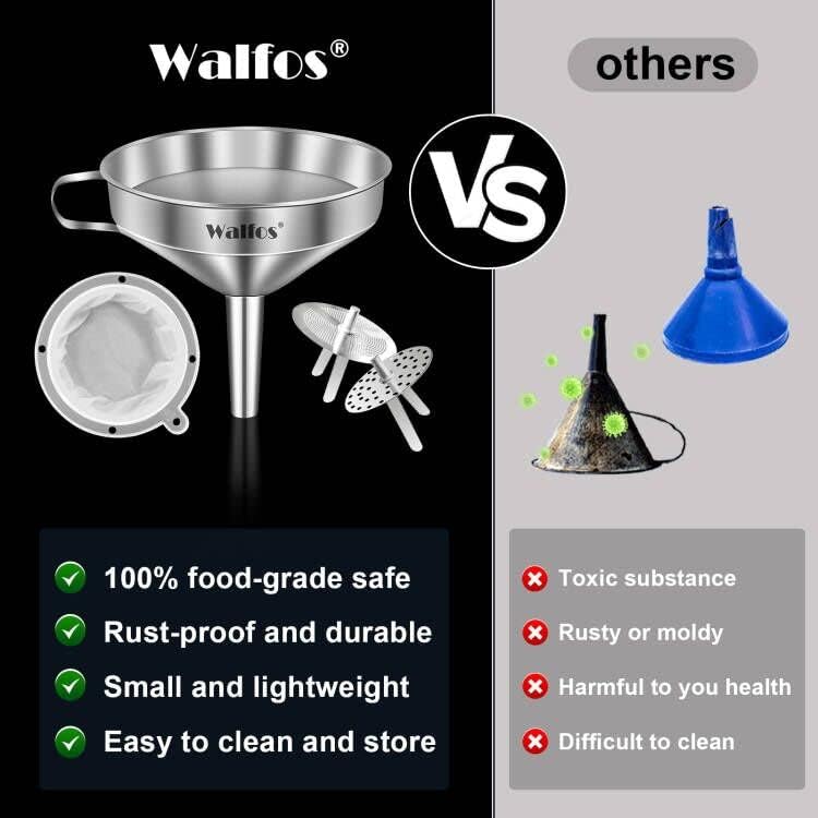 Stainless Steel Funnel, Walfos Kitchen Funnel with 2 Removable Strainer ＆ 1Pc Cleaning Brush