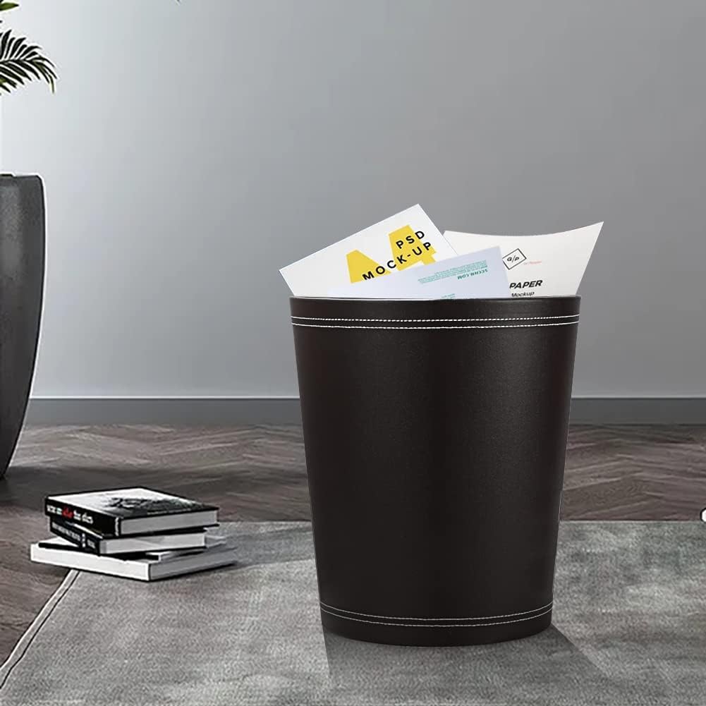KINGFOM Classic Pu Leather Trash Can Wastebasket, Small Garbage Container Can for Bathrooms, Powder