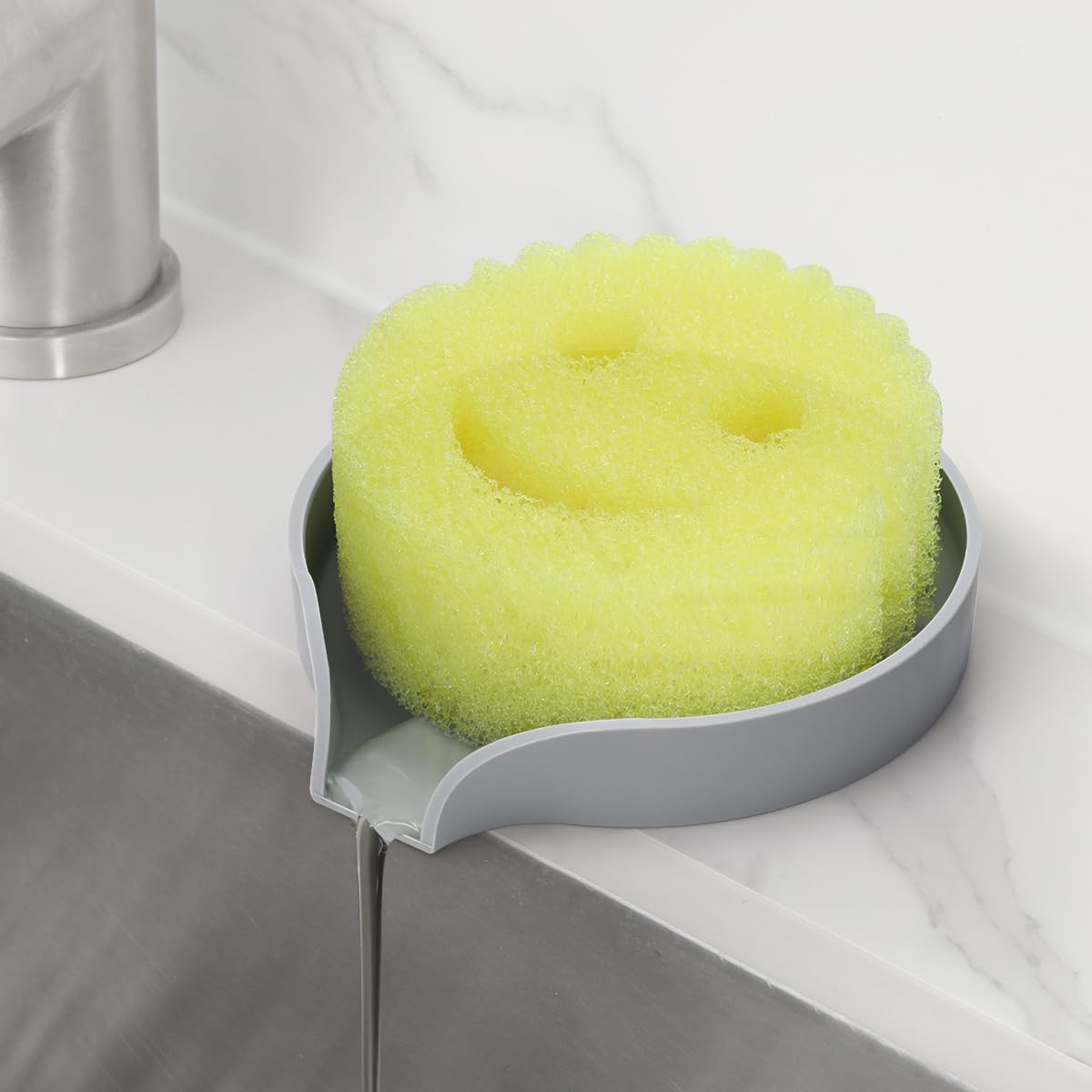 LANMU Silicone Smiley Face Sponge Holder for Kitchen Sink, Sink Caddy Organizer with Drainage for