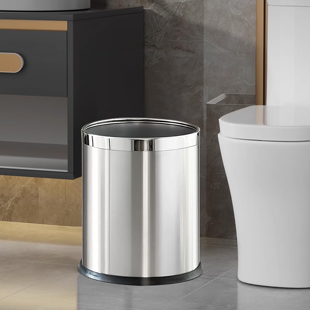 2.6Gallon/10L，Stainless Steel Bathroom Trash Can,Chrome Trash Can,Silver Garbage Can for