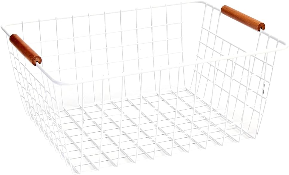 LeleCAT Large white wire baskets with Wooden Handles for storage pantry, Storage Organizer Baskets