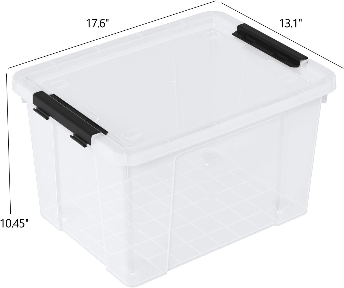 Set of 4 34 L Stackable Plastic Storage Bins with Latching Lids and Wheels, Clear Home Organization