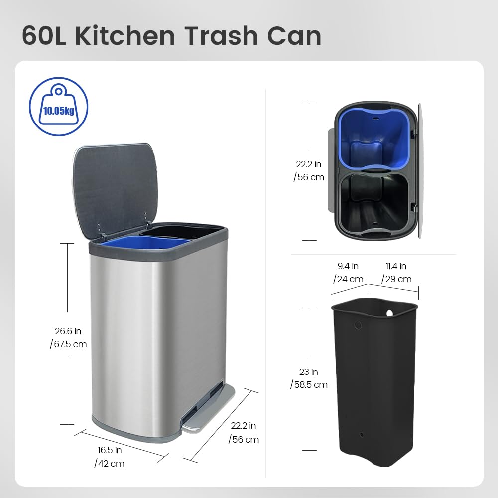 Kitchen Trash Can 16 Gallon, 2 x 30 Liters Trash and Recycle bin Combo, Dual Compartment & Soft