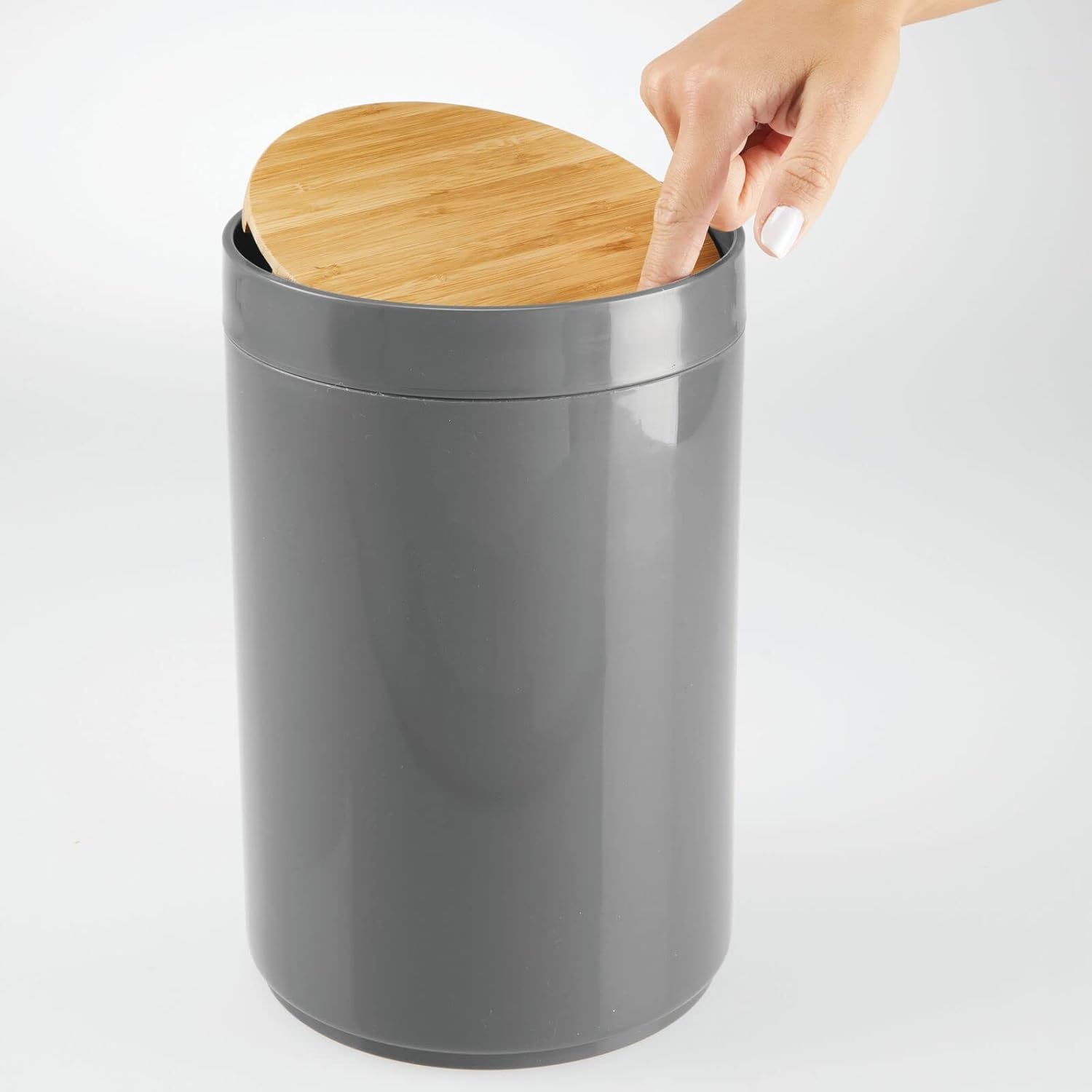 mDesign Plastic Round Trash Can Small Wastebasket - Garbage Bin Container with Swing-Close Lid