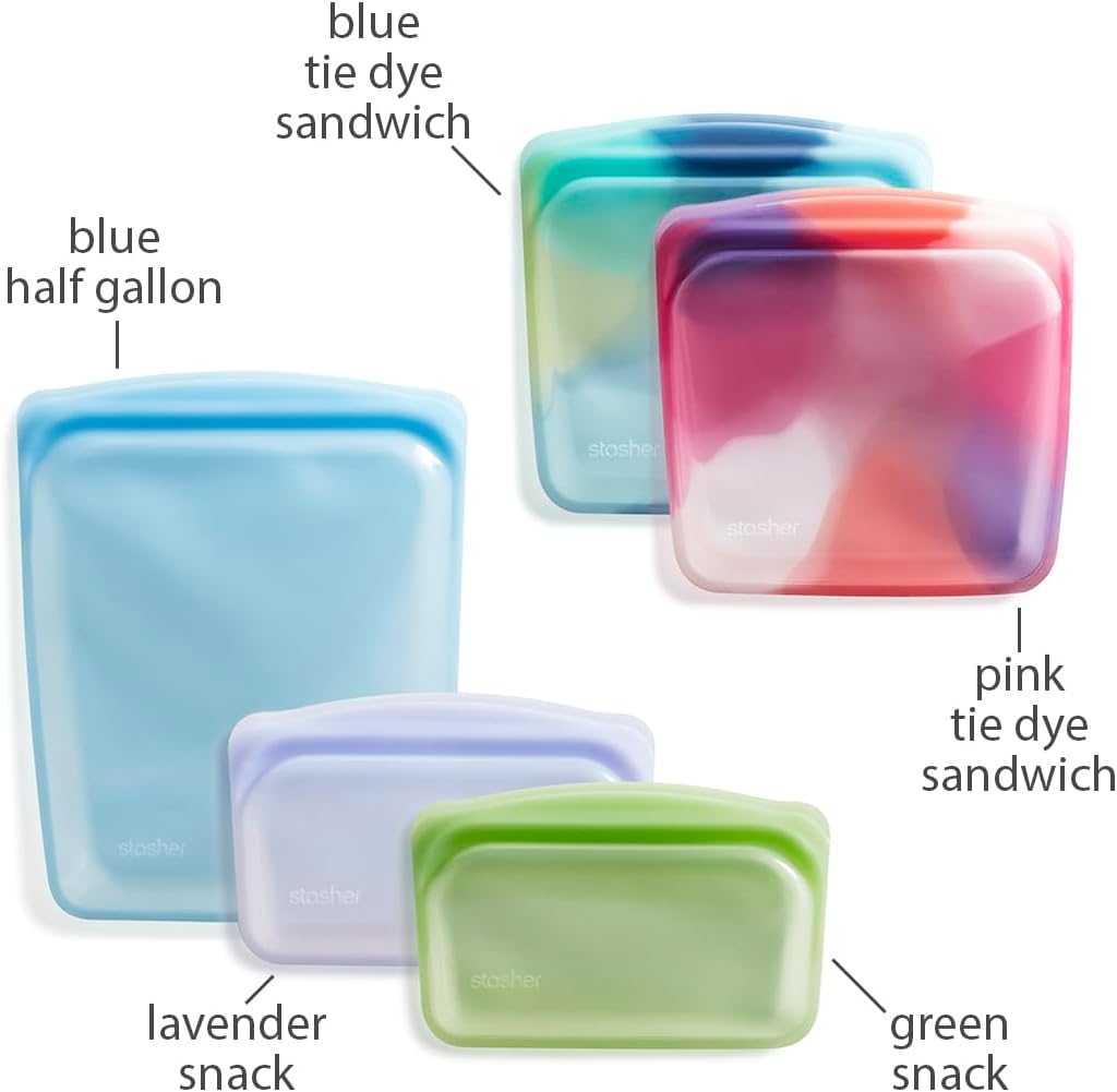 Stasher Premium Silicone Reusable Food Storage Bags, 5-Pack, Tie Dye Multi, Multi-Use Food Storage