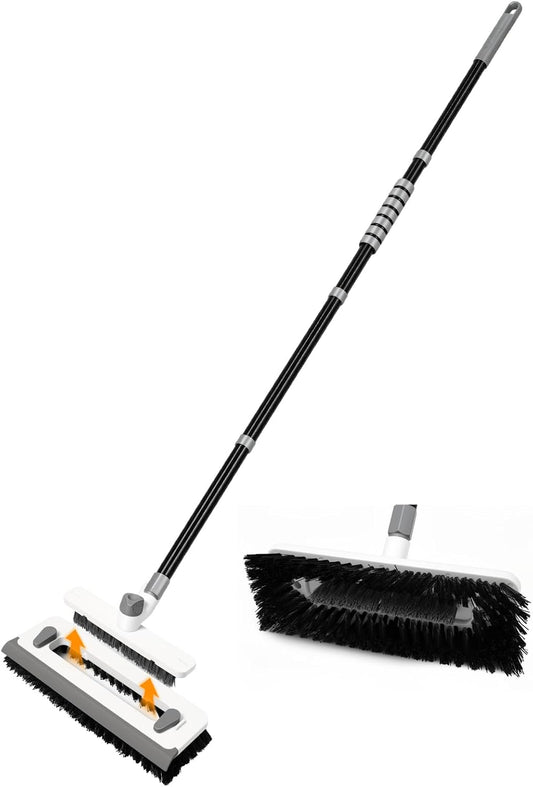 3 in 1 Floor Scrub Brush with Long Handle 55" Push Broom Stiff Bristle Scrubber Brush Squeegee