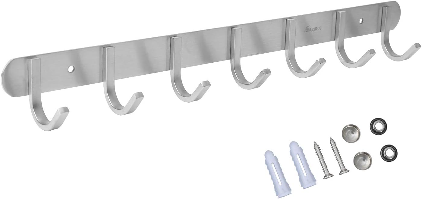 Towel Hook Rack Brushed Nickel 17-Inch Coat Hook Rail Wall Mounted with 7 Hooks, Durable Wall