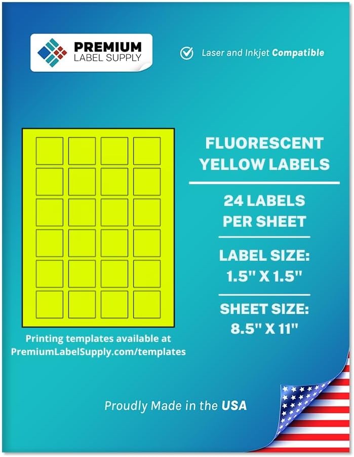Premium Label Supply Bright Neon Color Fluorescent Sticker Labels - 1.5" x 1.5" Square Labels