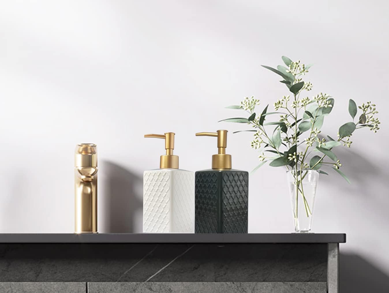 Gold Soap Dispenser for Bathroom,Retro White Square Lotion Dispenser, Refillable Countertop Ceramic