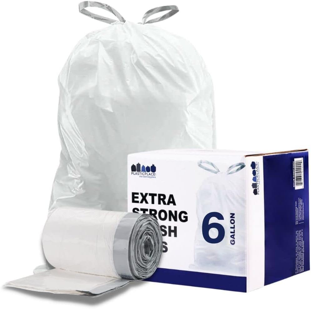 Plasticplace 6 Gallon Trash Bags White Drawstring Garbage Can Liners, 17” x 20”, 100 Count, for
