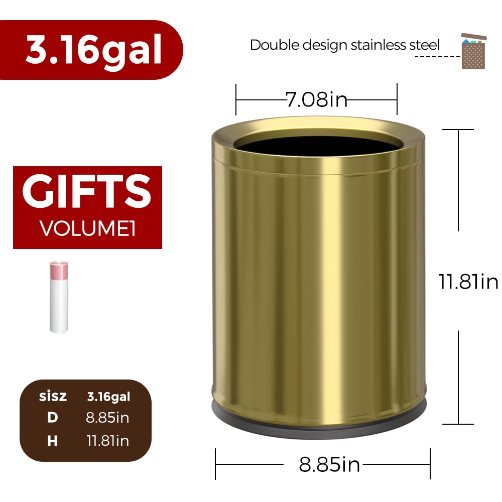 12L/3Gal Antique Brass Bathroom Trash Can,Brushed Brass Garbage can,Small Gold Wastebasket for