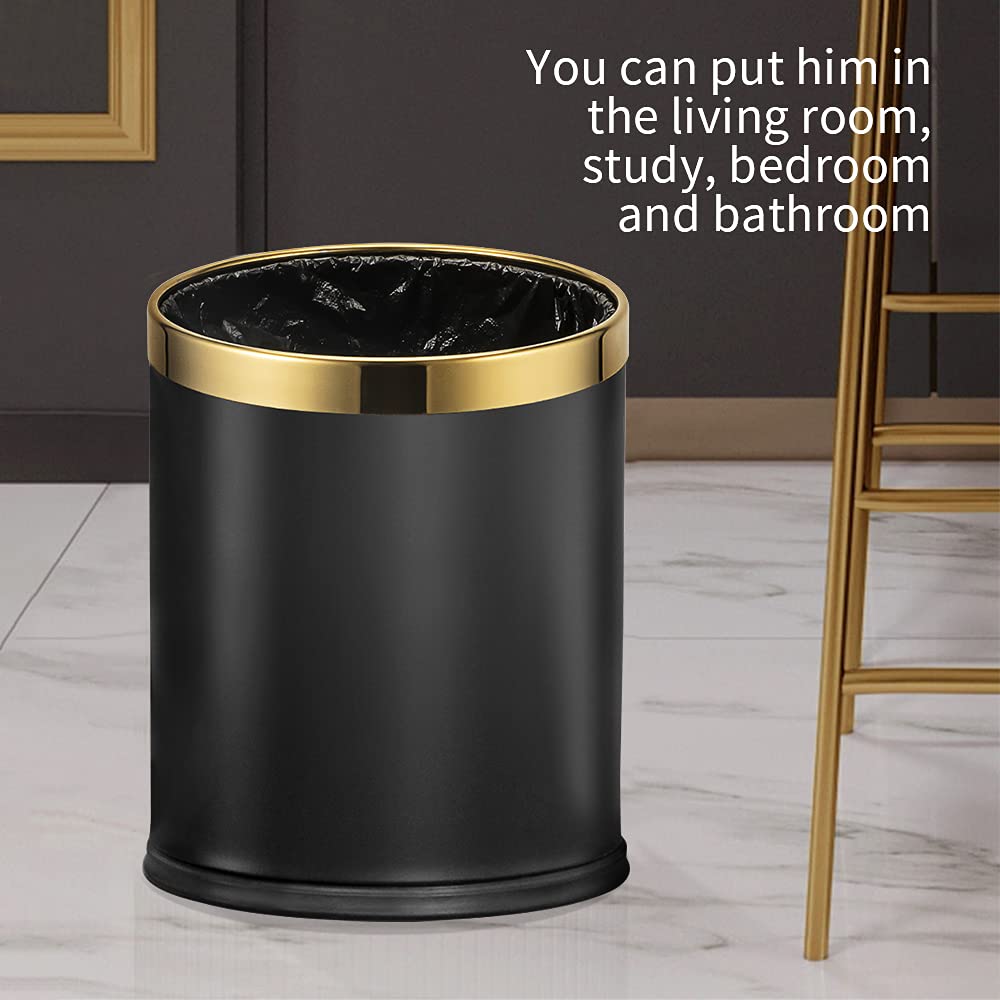 10L/2.6GAL Black and Gold Open Top Trash Can - Metal Trash Bin Without Lid for Office, Hotel