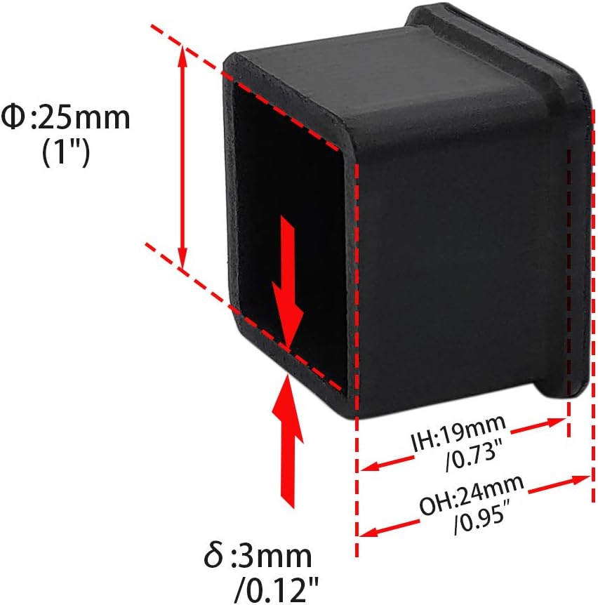Flyshop Heavy Duty Non-Slip Rubber Leg Tips Floor Protectors Square Chair Leg Caps 25mm x 25mm (1"