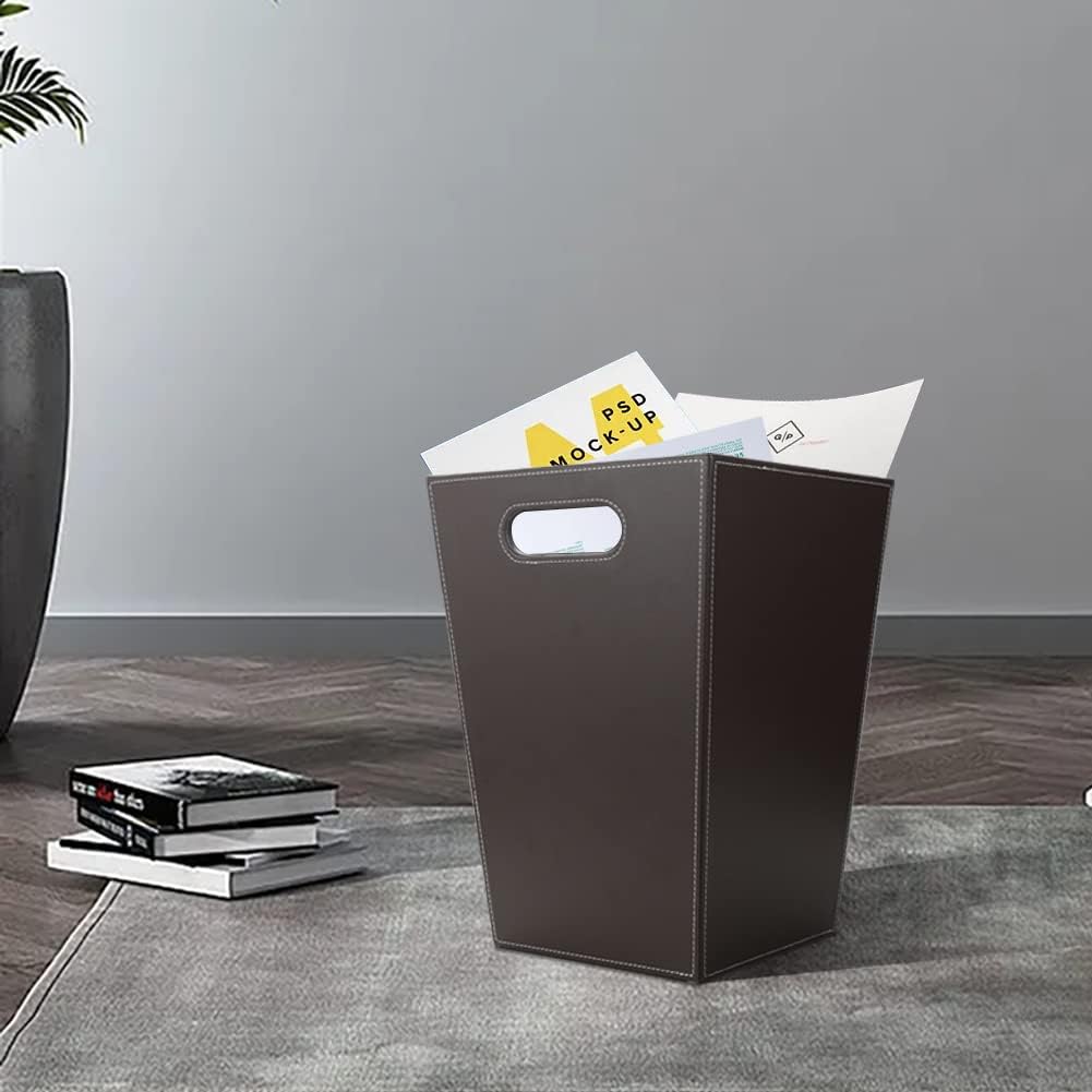 KINGFOM Classic Pu Leather Trash Can Wastebasket, Garbage Container Bin with Handles for Bathrooms