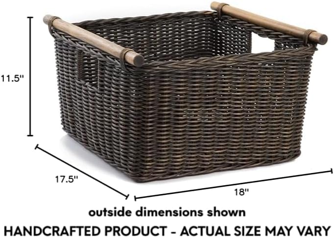 The Basket Lady Deep Pole Handle Wicker Storage Basket, Extra Large, 17.5 in L x 18 in W x 11.5 in