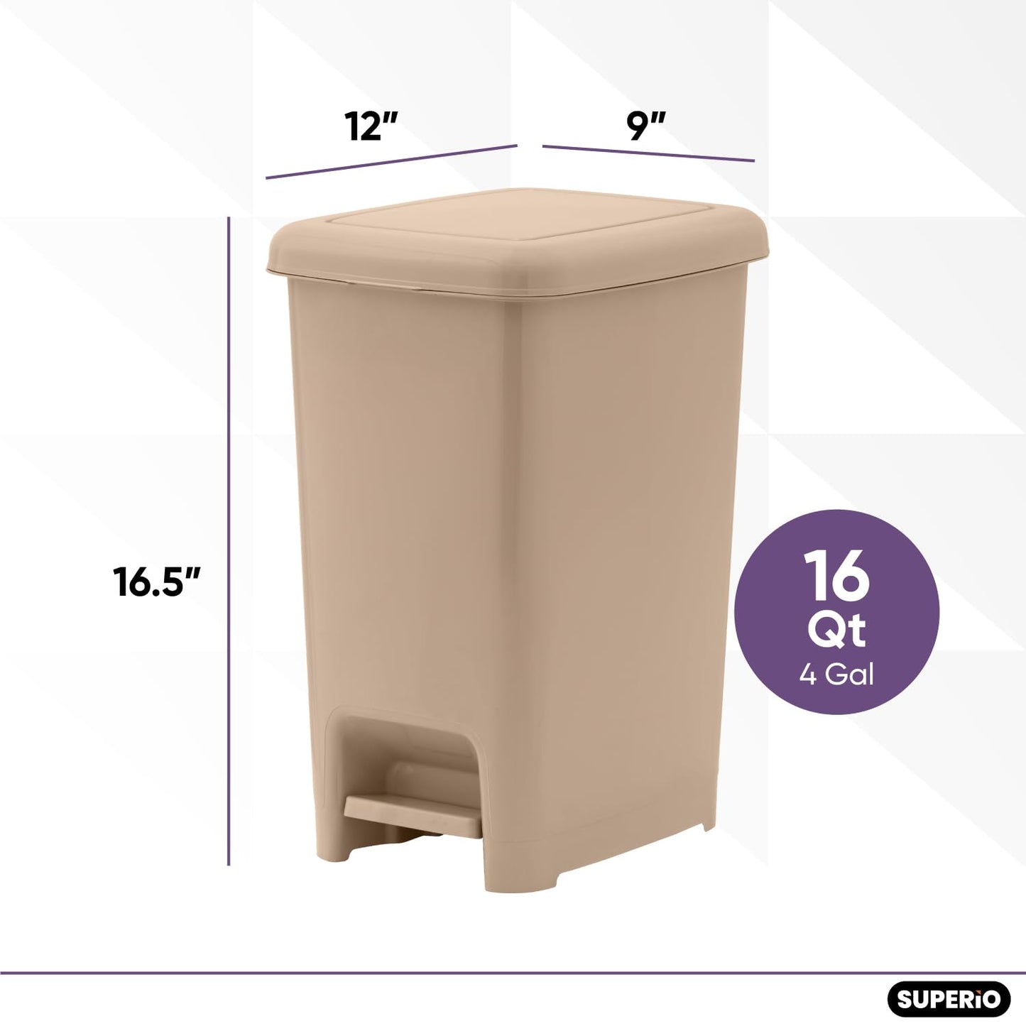 Superio Slim Step On Trash Can, Beige Waste Bin with Foot Pedal Lid 26 Liter, Kitchen, Under Desk